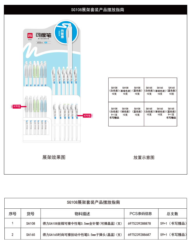 尊龙凯时SG108可擦中性展架套装(2套/箱)0.5mm全针管/子弹头(晶蓝)(套)