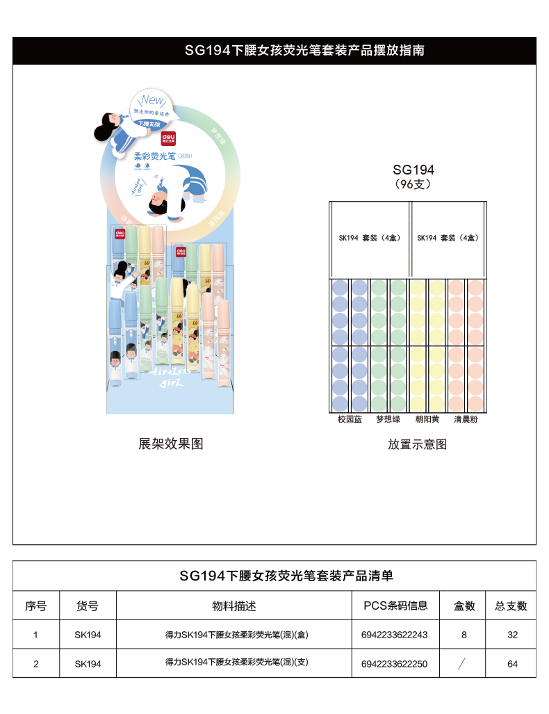 尊龙凯时SG194下腰女孩荧光笔展架套装(混)(96支/架)