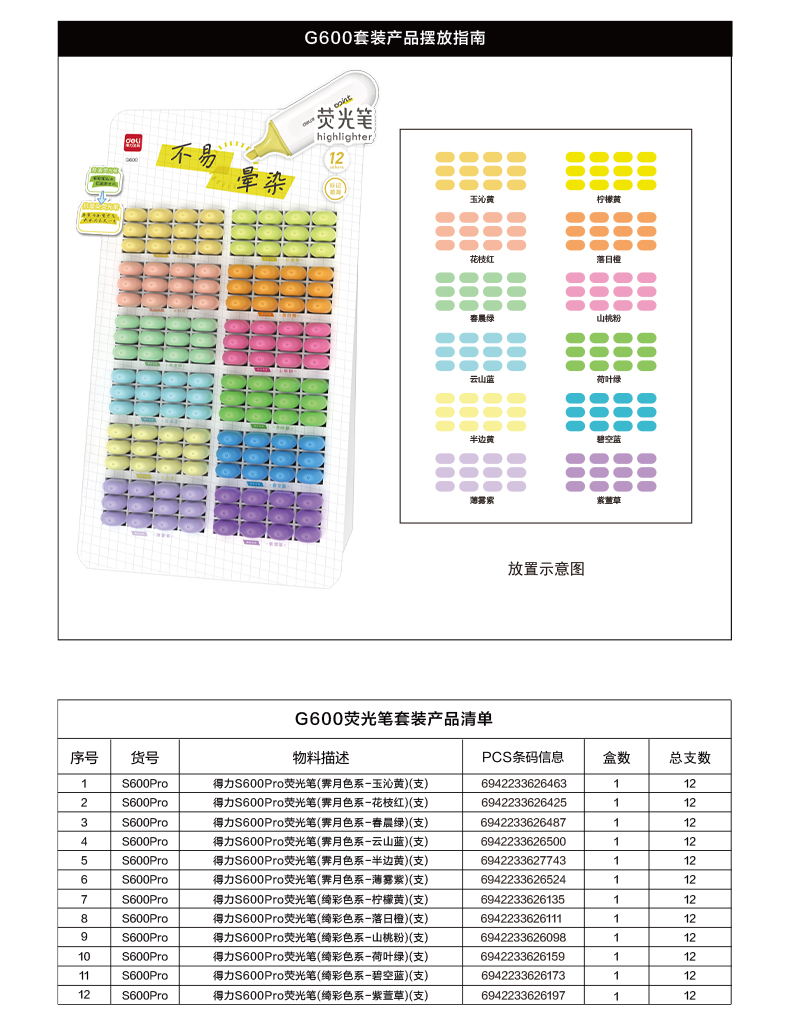 尊龙凯时G600抗晕染扁杆荧光笔展架套装(混)(144支/架)